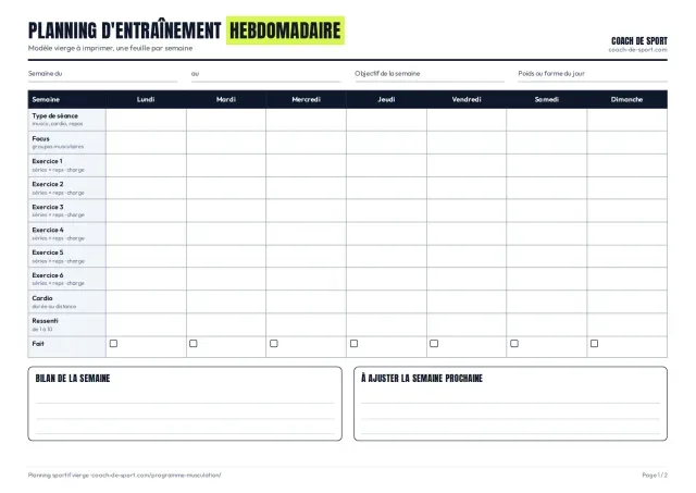 Aperçu du planning d’entraînement hebdomadaire vierge au format A4 paysage