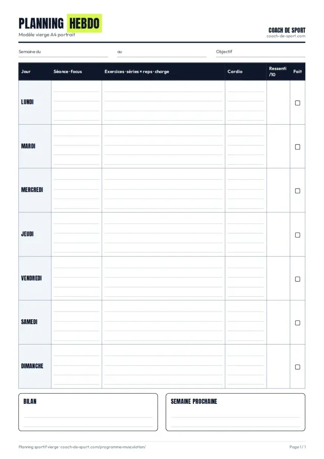 Aperçu du planning sportif hebdomadaire vierge au format A4 portrait