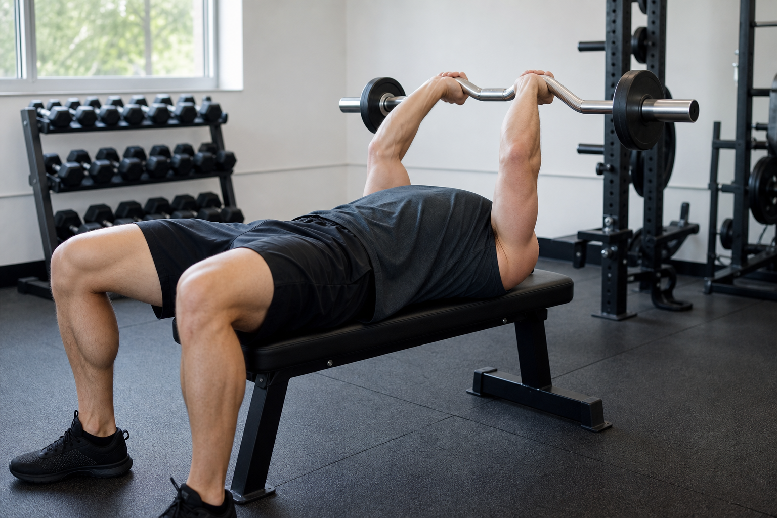 La barre au front triceps se maîtrise couché, coudes stables