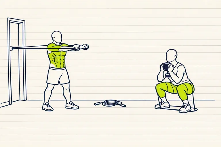 Deux silhouettes à l'élastique : développé pectoraux debout avec la bande ancrée à une porte, et goblet squat pieds sur la bande.
