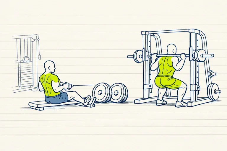 Deux silhouettes en salle : rowing assis poignée tirée au ventre, et squat à la Smith machine, deux disques posés entre les deux.