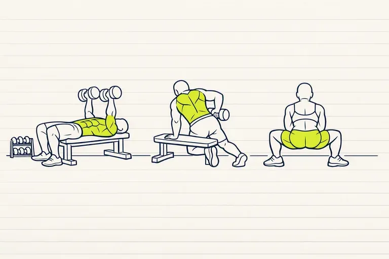 Trois silhouettes aux haltères : développé couché sur banc, rowing un bras en appui sur le banc, squat sumo vu de dos.