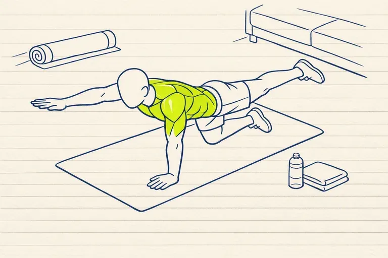 Silhouette en bird dog sur un tapis de salon, bras et jambe opposés tendus, tapis roulé et canapé en arrière-plan.