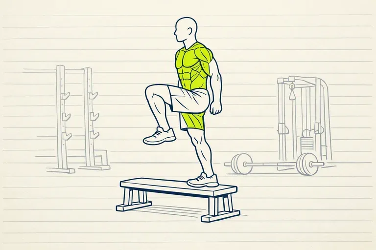 Silhouette de profil montant sur un banc plat, jambe avant fléchie, dans une salle d'entraînement.