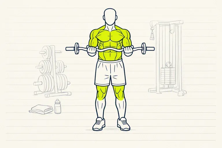 Silhouette de face debout, barre EZ tenue à bout de bras devant les cuisses, coudes le long du corps.