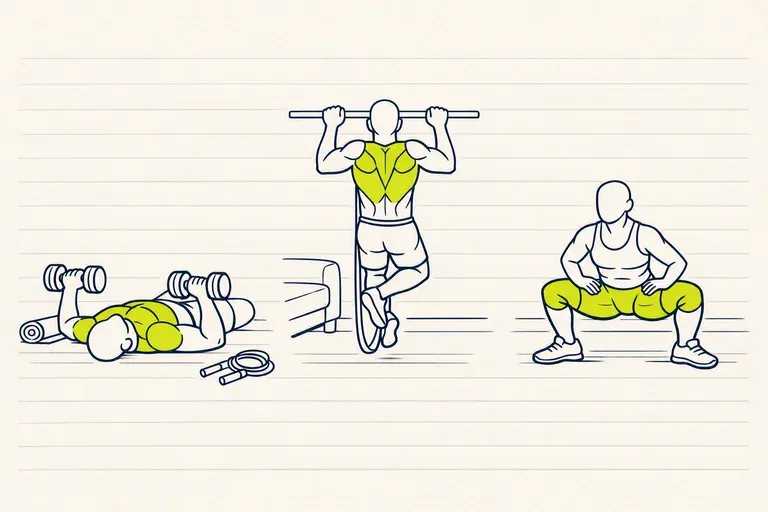 Trois silhouettes : développé allongé au sol avec haltères, traction à la barre fixe, squat sumo pieds écartés.