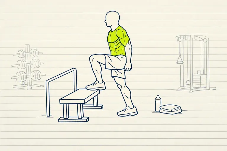 Silhouette de profil montant sur une marche basse, une main-courante dessinée à côté, posture redressée.
