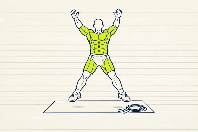 Silhouette de face en plein jumping jack, bras au-dessus de la tête et jambes écartées, sur un tapis avec une corde à sauter.