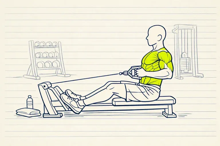 Silhouette assise sur une machine de tirage horizontal, poignée ramenée vers le ventre, pieds calés sur la butée.